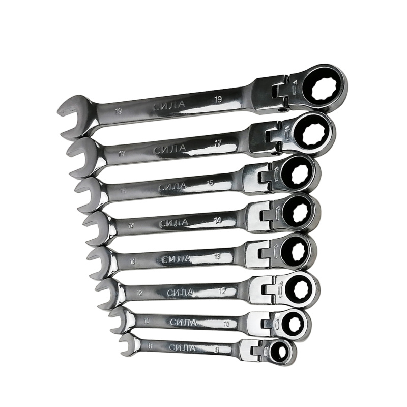 Набір ключів ріжково - накидних з тріскачкою і шарніром 8 -19 мм 8 одиниць (у чохлі) Сила