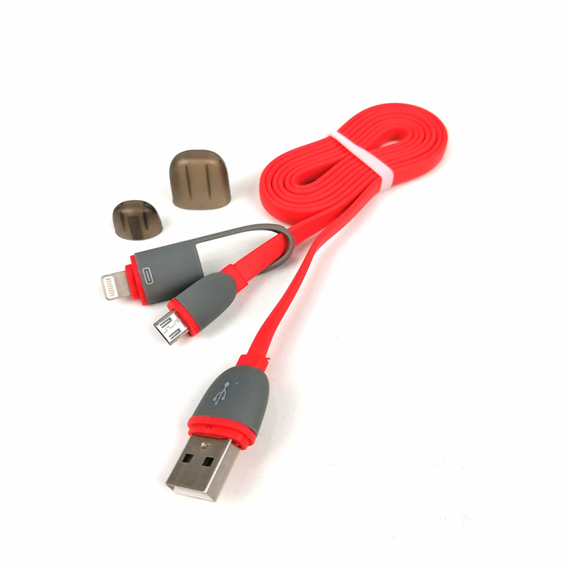 Кабель USB - Micro USB/Lightning 3A Red (плоский) 1м (швидка зарядка/передача даних) Pulso
